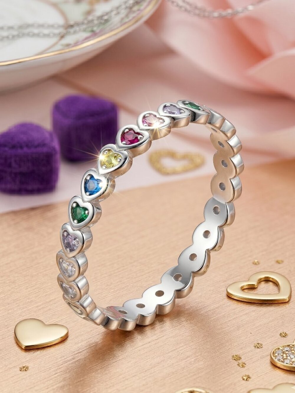 Rainbow Heart CZ Eternity Band Ring Y2K Coquette S925 Sterling Silver Sz 7.5